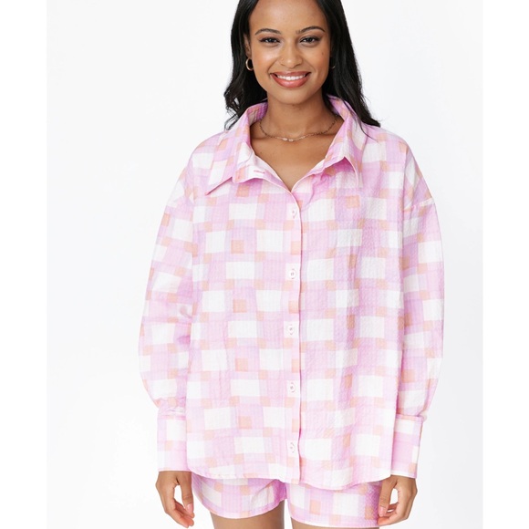 Smash + Tess Malia Pink Hawaiian Check Plaid Shirt - Picture 2 of 14